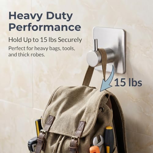 Heavy Duty Adhesive Wall Hooks - 15lbs Capacity, No Drill, 6 Pack
