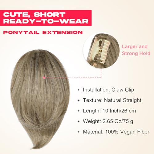 10" Ash Brown with Highlights Claw Clip Ponytail Extension - Soft Synthetic Hair Piece for Women