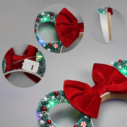 LED Christmas Mouse Ear Headband with Green Velvet Bow