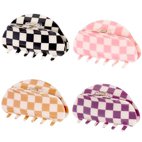 SINIDE Checkered Hair Claw Clips 4 Pack - Multicolor Acrylic Semicircle Barrettes for Women (Pattern C)