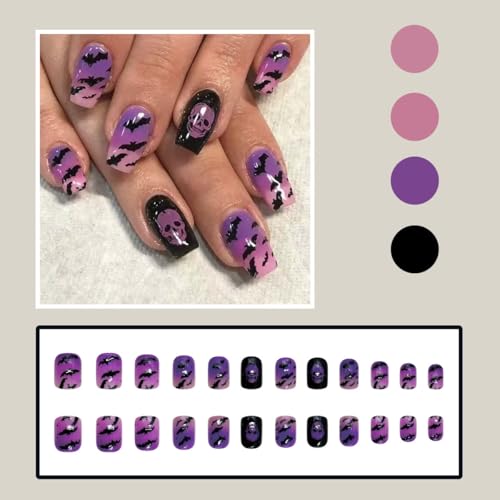 Tyemp WS02 Halloween Short Square Fake Nails with Skull & Bat Design, 24Pcs