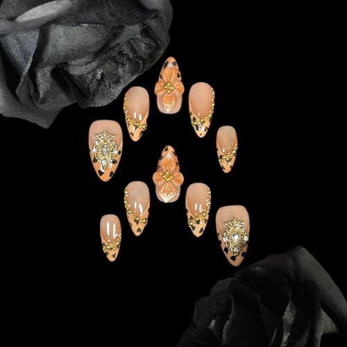 Handmade Press-On Nails 3D Flower & Gold Crown, M - Luxury Acrylic Fake Nails
