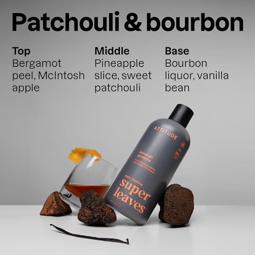 ATTITUDE Men's Shower Gel Body Wash - 98% Natural, EWG Verified, Patchouli & Bourbon, 14 Fl Oz
