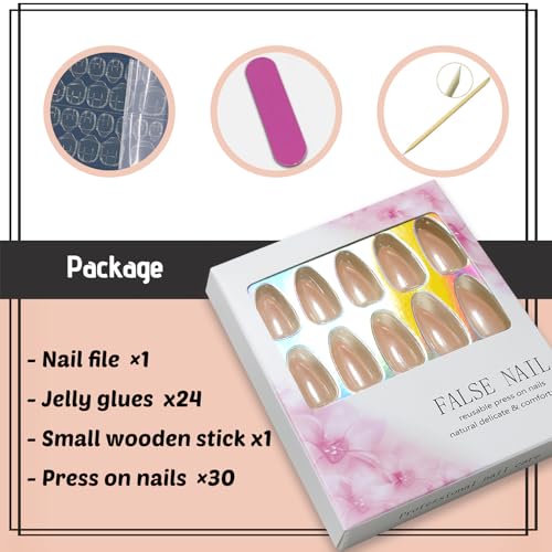 Nude Chrome Press on Nails - Almond Shape, 30 Pcs Reusable