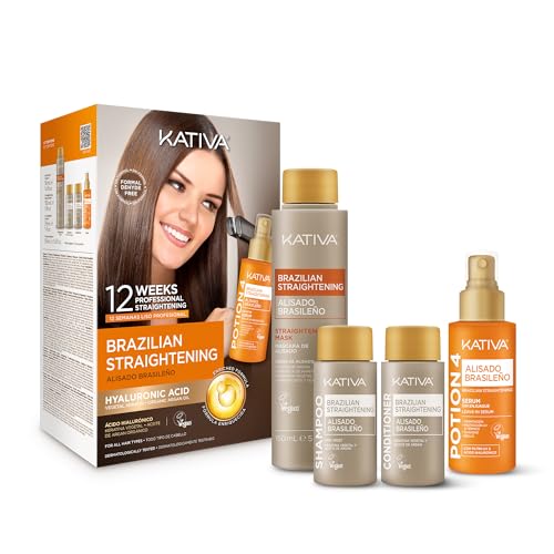 KATIVA Brazilian Keratin Straightening Kit - Alisado Brasile?o Keratina + Potion 4 Heat Protectant Serum, Smoothing, Anti Frizz, Hyaluronic Acid, Argan Oil, Vegan, Up to 12 Weeks