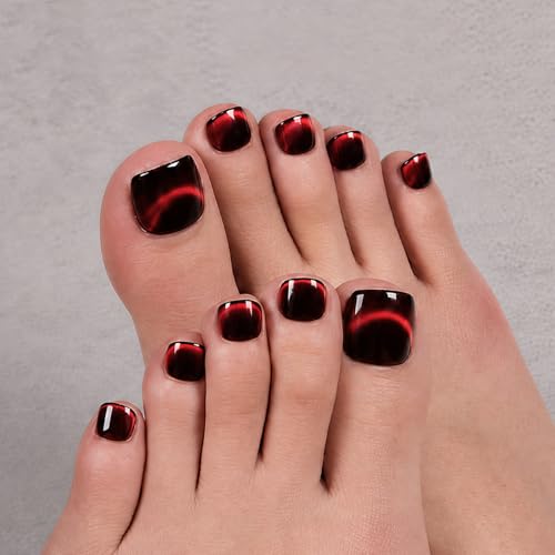 Burgundy Red Short Square Press On Toenails - Crimson Night
