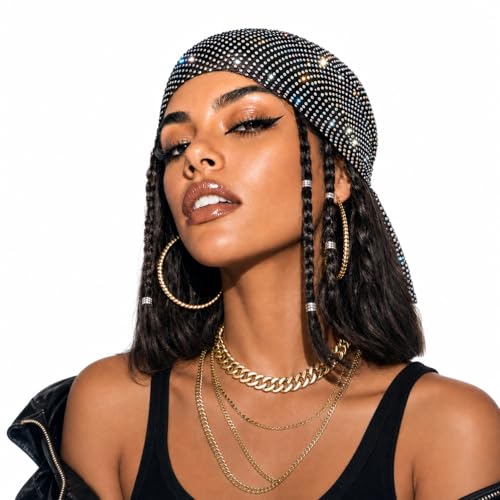 Colorful Black Rhinestone Head Scarf for Women - Sparkly Bling Turban