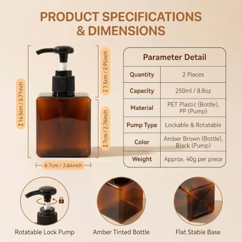2 Pack 250ml Refillable Plastic Pump Bottles for Liquid Soap & Toiletries