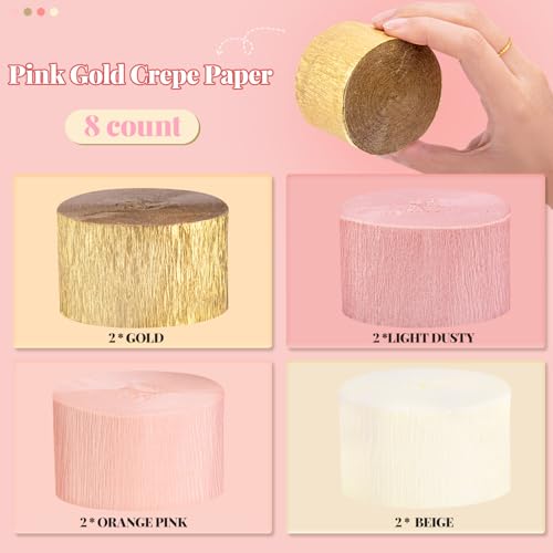 Pink Gold Crepe Paper Streamers - 8 Rolls for Parties & Events