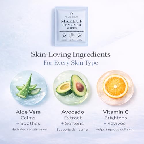 Angel Beauty Micellar Makeup Remover Wipes – 30 Individually Wrapped Facial Cleansing Wipes with Aloe, Avocado & Vitamin C