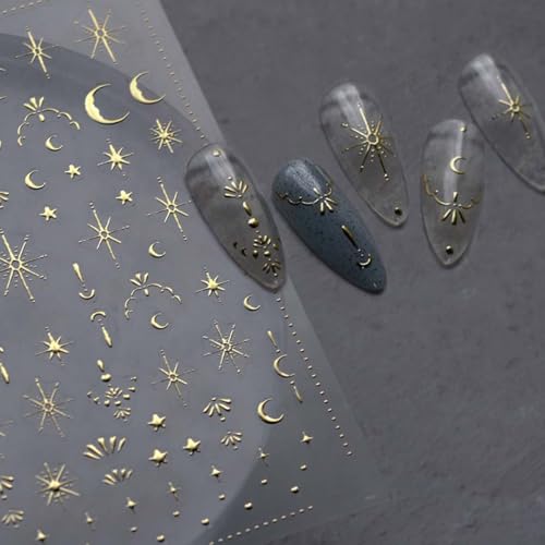 Gold Moon Star 3D Nail Art Stickers - Self-Adhesive Decals