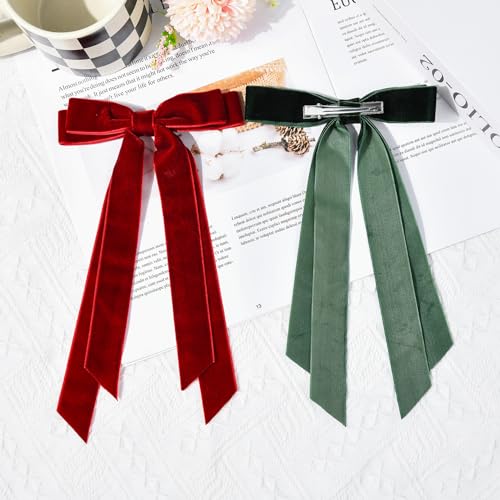 Aileam 2PCS Velvet Hair Bows with Clips - Wine Red & Green Accessories for Girls & Women