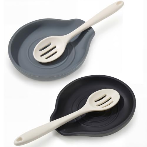 Silicone Spoon Rest Set of 2 - 6.1" Kitchen Utensil Holder in Gray & Black