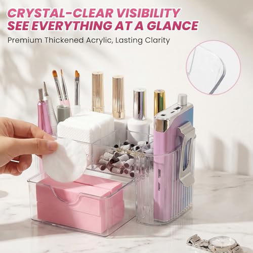 BQAN Clear Acrylic Nail Organizer with Drawer – 6-Compartment Beauty/Tool Storage