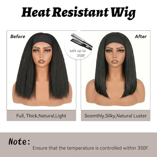 Kinky Straight Headband Wig for Black Women | 16 Inch Glueless Synthetic Hair