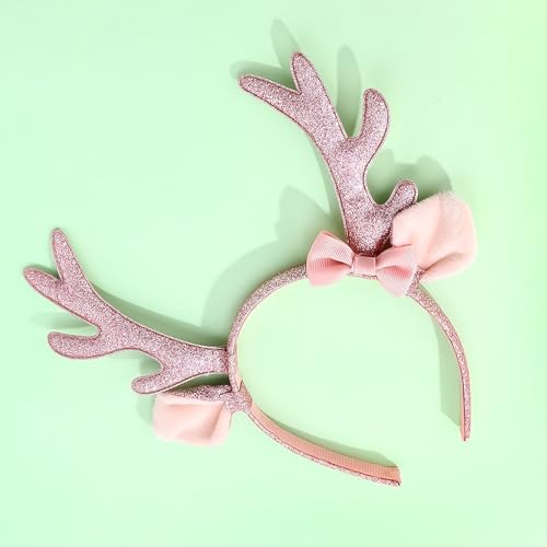 MexLuyu Christmas Reindeer Antlers Headband with Pink Bow - Animal Ears Costume Accessory