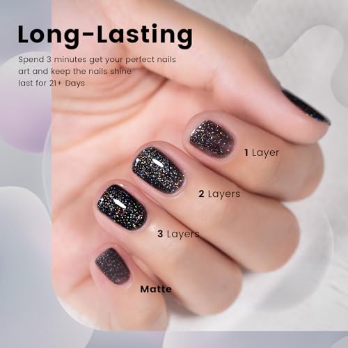 RARJSM Black Glitter Gel Nail Polish - Iridescent Rainbow Sparkle 15ML