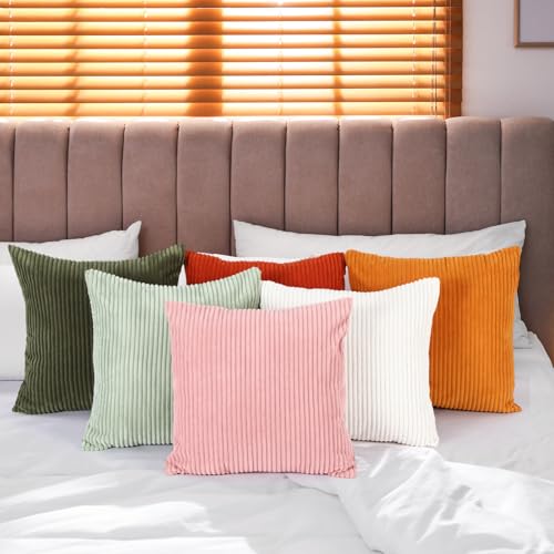 Colingmill 6-Piece Fall Corduroy Pillow Covers - 18x18 Inch Soft Striped Cushions