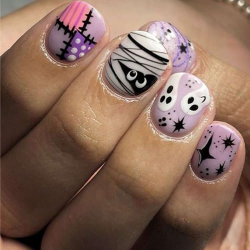 OFDNE Halloween Kit-2 Press on Nails Set - 144 Short Square Fake Nails with 6 Styles & Designs for Women & Girls