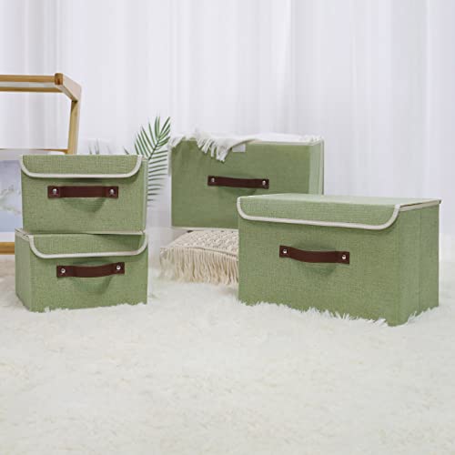 Small Fabric Storage Bin with Lid - Green, 10x8x7 Inches, Washable