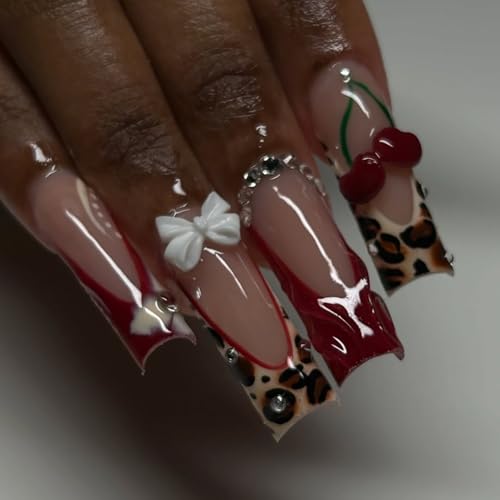 RIICFDD Styl 2 Long Press Square Leopard Print Fake Nails with Glue Set