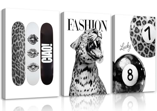 3-Piece Black and White Leopard Canvas Wall Art Set - 12x16