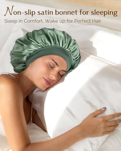 YANIBEST Green Satin Hair Bonnet for Sleeping - Double Layer, Elastic Band