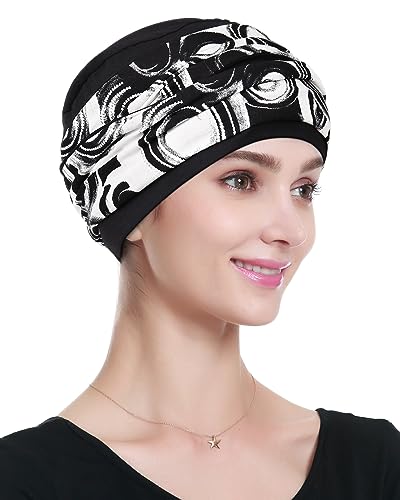 Alnorm Chemo Headwear Viscose Turban Hat for Women - White Black