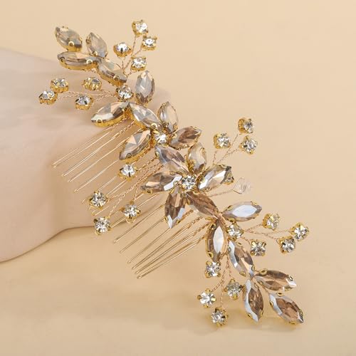 Champagne Crystal Gold Hair Comb for Women - Handmade Bridal Headpiece