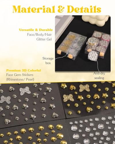 Maffuno Gold & Silver Face & Body Glitter Set with Gems for Women, 6 Glitter Gels & 4 Adhesive Sticker Sheets
