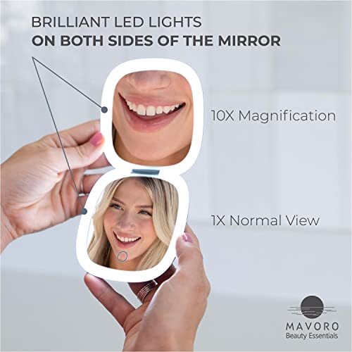 Mavoro LED Compact Travel Makeup Mirror 10x Magnification, USB-C Grey