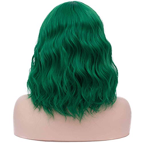 Mildiso Short Curly Wavy Green Wigs for Women with Bangs - 14 inch, Adjustable Cap