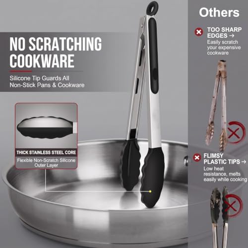 Headaze Kitchen Tongs Set of 4 with Silicone Tips and Brush