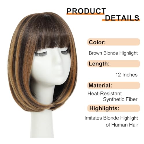 Brown Blonde Highlight Bob Wig with Bangs - Synthetic Wig for Women