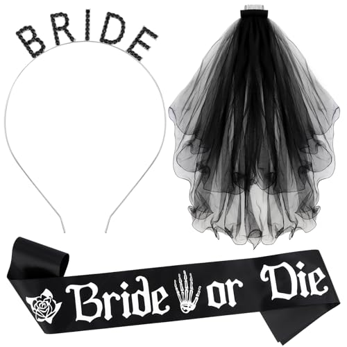 KICOSY Bride or Die Bachelorette Party Set - Black Bride Headband Sash & Veil - Variation: bride 3