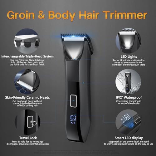 Beatslm Manscape Beard Trimmer for Men, Groin & Body Hair Trimmer, Ball Shaver, Nose Hair Clippers, All-in-One IPX7 Waterproof Men's Wet/Dry Groomer Kit, Rechargeable with Travel Case, LED Display