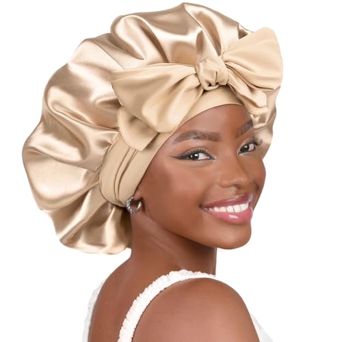 YANIBEST Champagne Satin Sleep Bonnet for Women, Double Layer Hair Frizz Control