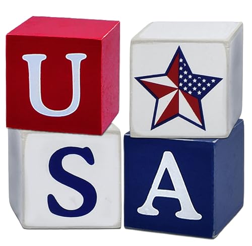 Patriotic USA Wooden Block Set - 4PCS Rustic 4th of July Decor