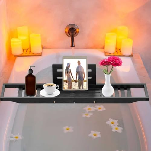 Teakhzct Black Bamboo Bathtub Tray Caddy for Tub - Waterproof Bath Table