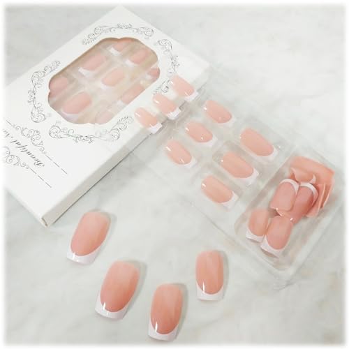 24 Pcs White French Tip Press-On Nails with Glue Stickers
