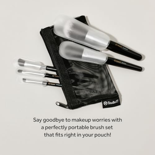Portable Studio17 Travel Makeup Brush Set 5 PCS with Zippered Pouch – Essential Face & Eye Brushes