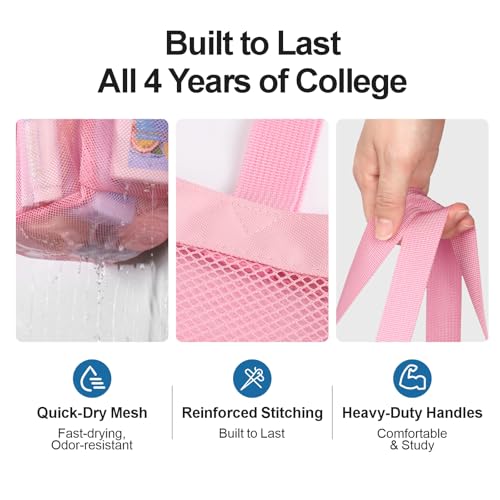 Portable Mesh Shower Caddy with 8 Pockets - Quick-Dry & Dual Handles, Ideal for Dorms & Travel, Pink