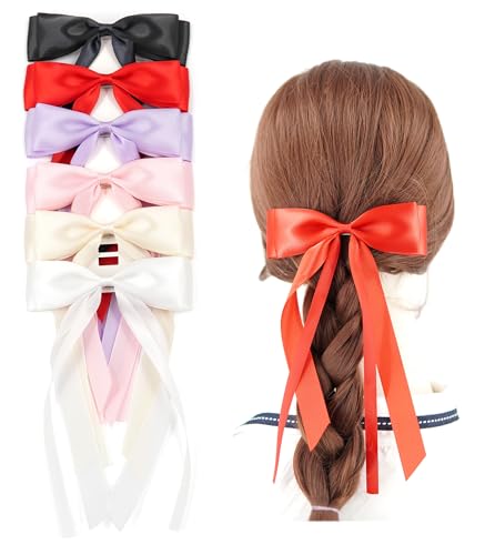 YunZh 6 Pairs Hair Bows for Women & Girls, Satin Ribbon with Long Tails, Black Beige White Red Purple Pink