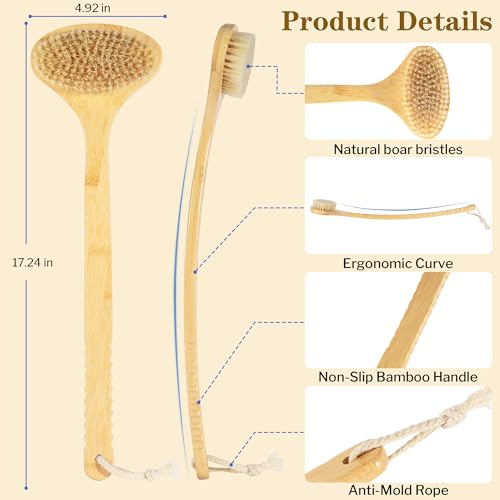 GROOMAGE Bamboo Back Scrubber - 17-Inch Curved Long Handle Bath Brush