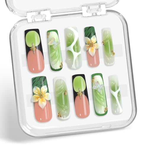 XGV Handmade Long Square Nails L/0034 | Summer Pastel Gradient with Floral & 3D Butterfly Design