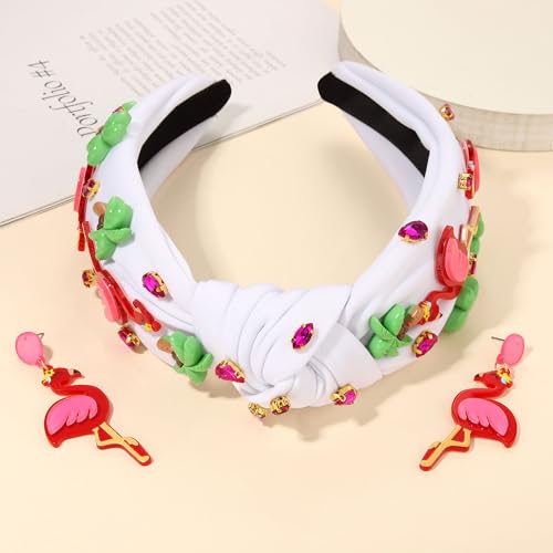 Flamingo Jeweled Boho Wide Top Knot Headband for Women