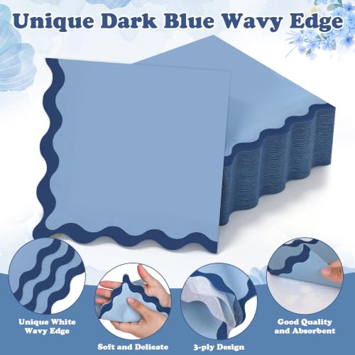 80 Pcs Blue Scalloped Cocktail Napkins - 6.5'' Wavy Edge Design for Parties
