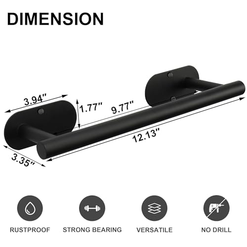 TocTen Rustproof Self-Adhesive Bathroom Towel Bar - 12 Inch Matte Black