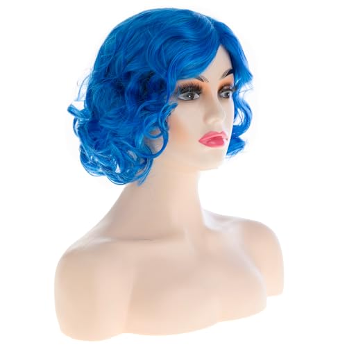 Short Curly Wavy Blue Wig for Women - Heat Resistant Synthetic Hair