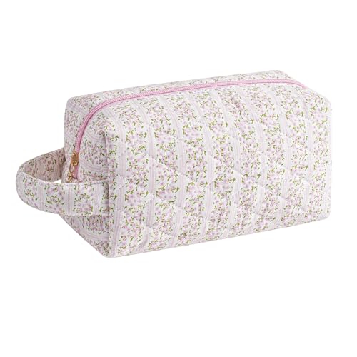 Pink Floral Travel Makeup Bag for Women Girls with Handle - Large Capacity, Durable Cosmetic Organizer